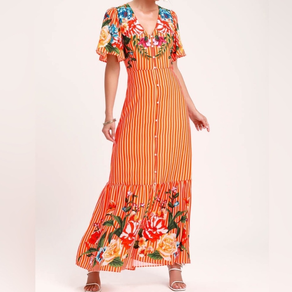 Lulu's Orange Striped Floral Maxi Dress - Picture 1 of 7